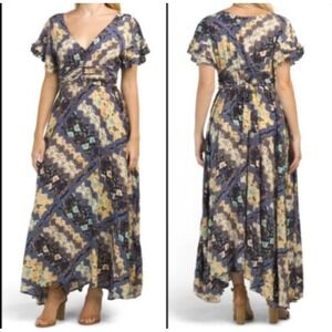 Abel‎ the Label Women's Sz M Ghandi Navy Floral Flutter Sleeve Maxi Dress Boho